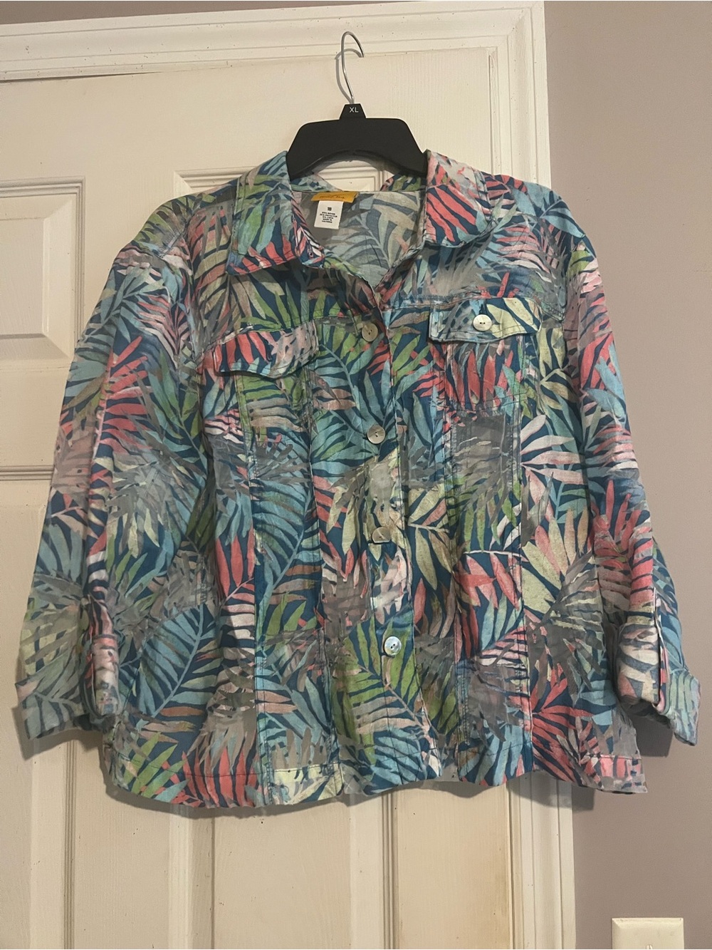 Ruby Rd. Pastel Tropical Button-Up in Teal, Coral & Cream
